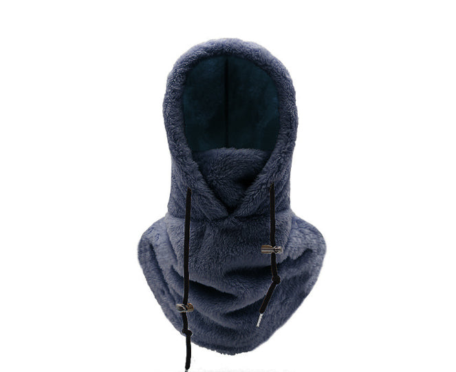 Woman wearing a plush hooded scarf