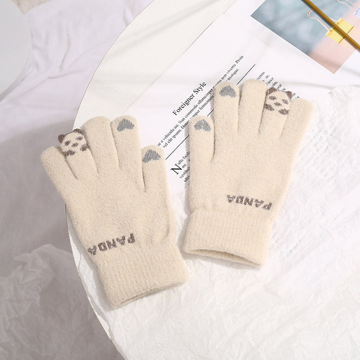 Pink knit gloves with small 3D panda