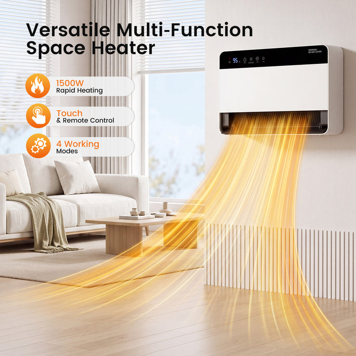 White wall-mounted space heater with remote control