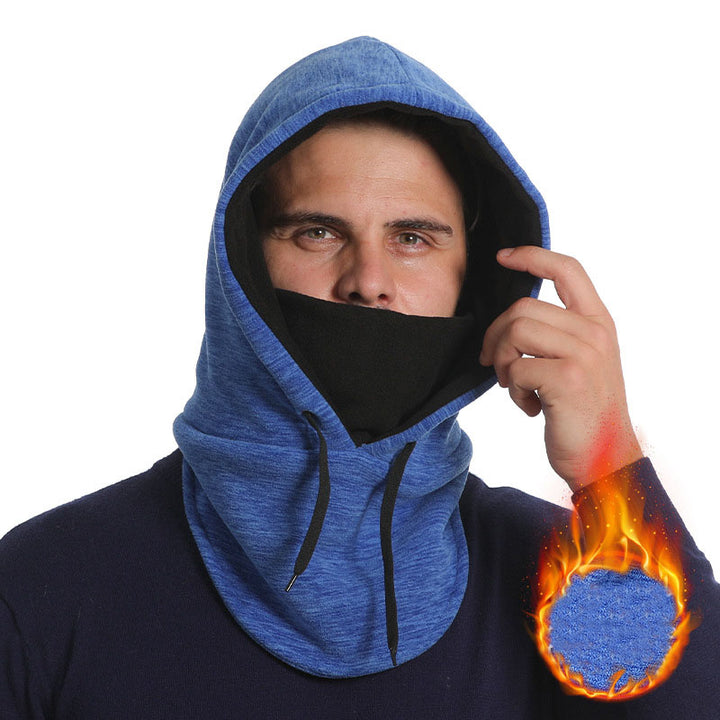 Person wearing a fleece balaclava hood
