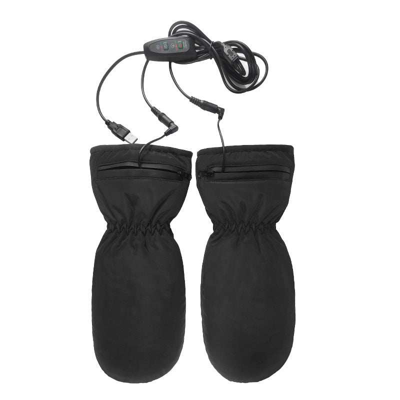 Black USB heated mittens with zip pocket