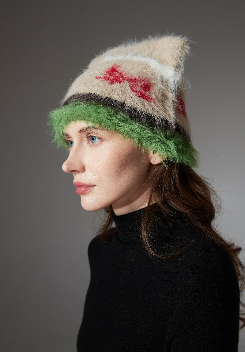 Fluffy cat ear beanie with bow pattern
