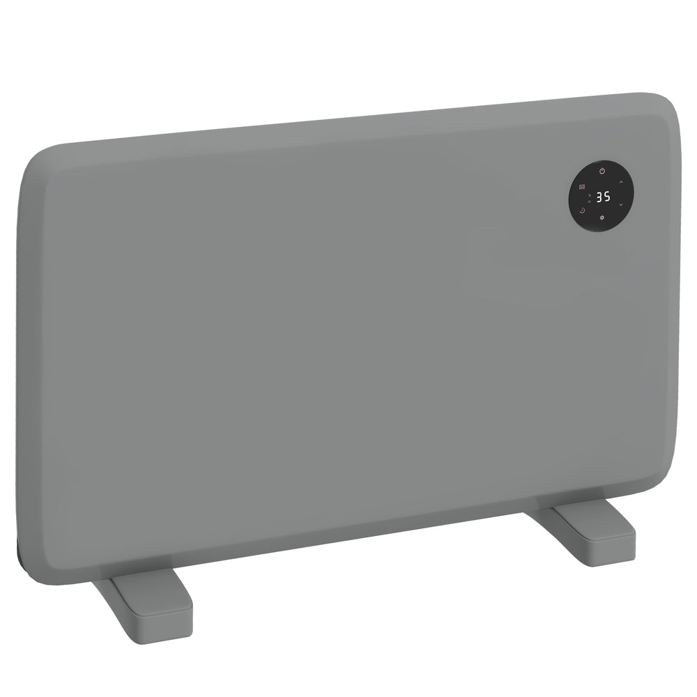 Gray slim panel heater in a living room