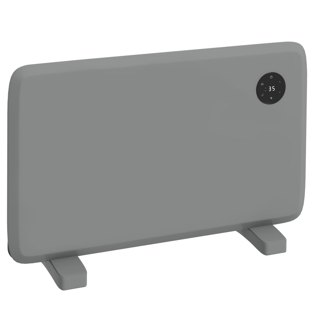 Gray slim panel heater in a living room