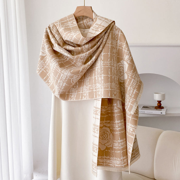 Plushridge Double-Sided Plaid Shawl with Rose Motif
