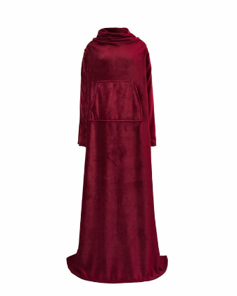 Person wearing a long sleeved fleece blanket