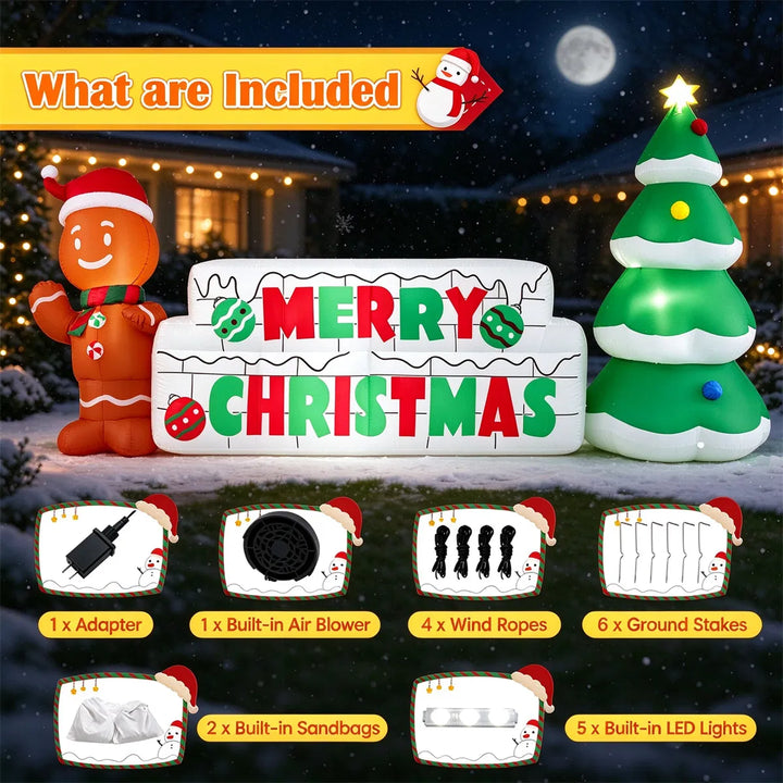 Inflatable Merry Christmas sign with gingerbread man on a lawn