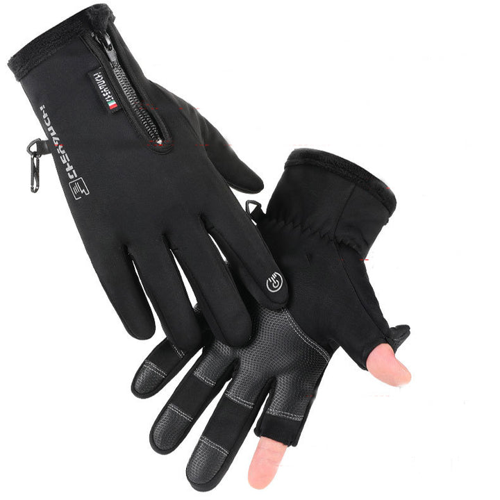 Black winter gloves with flip-open fingertips