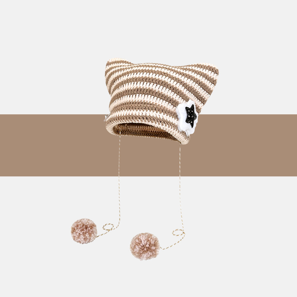 Striped cat ear beanie with pompom ties