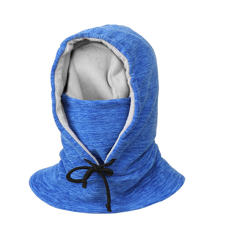 Person wearing a fleece balaclava hood