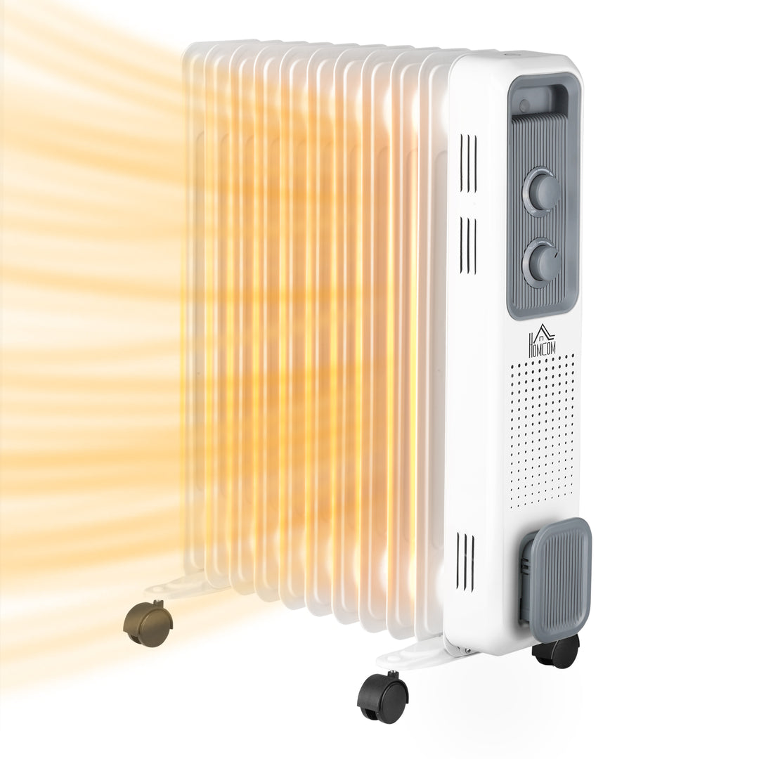 White eleven-fin oil-filled radiator with wheels