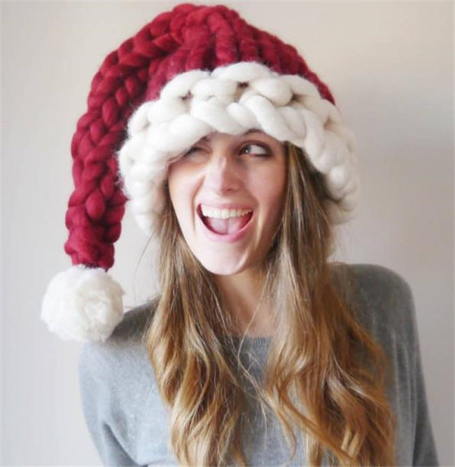 Red chunky knit Santa hat with pompom