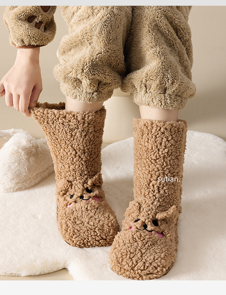 Pink fluffy floor socks with embroidered bunny face