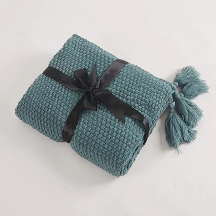 Plushridge™ Handwoven Wool Blanket with Fringe and Pom-Poms