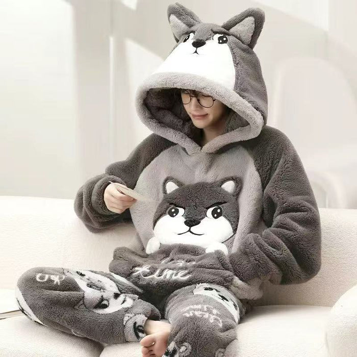 Plushridge Coral Fleece Pajama Set with Animal Ears Hood