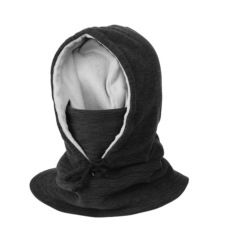 Person wearing a fleece balaclava hood