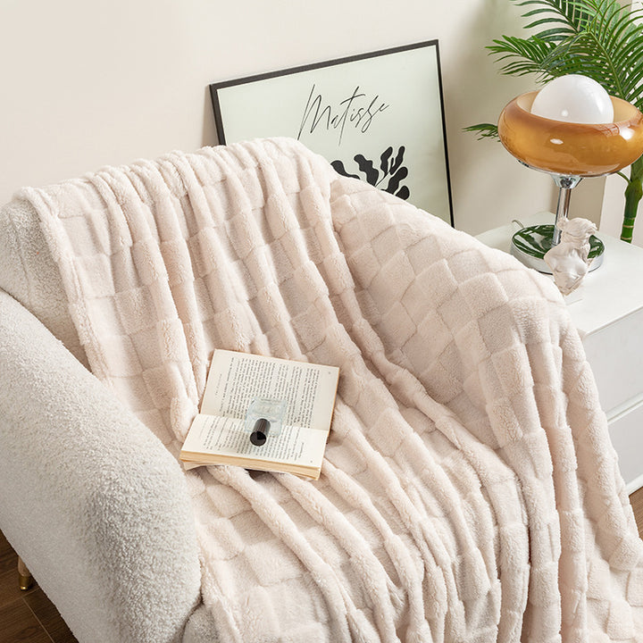 Cream checkered jacquard plush throw blanket