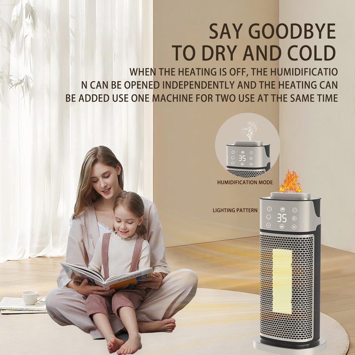 Silver tower fan heater with glowing flame-effect humidifier