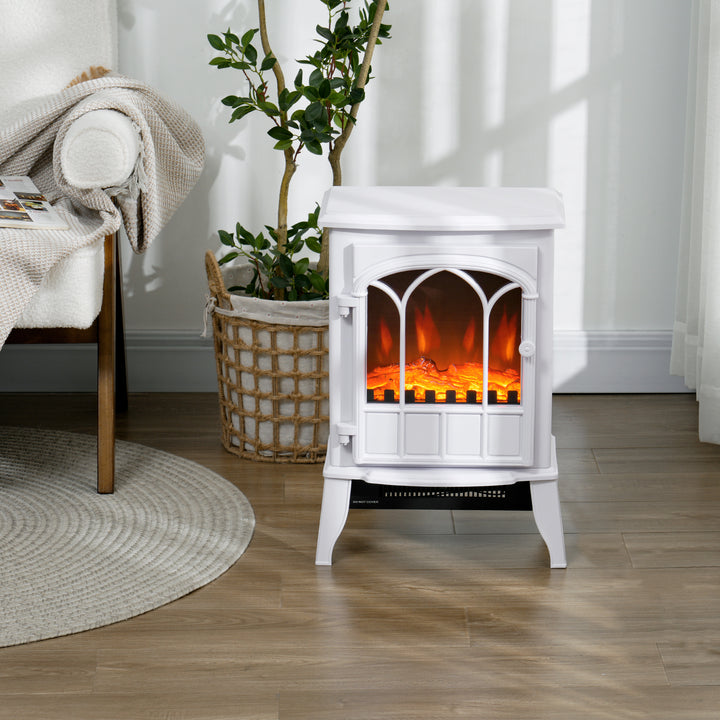 White log burner style electric fireplace with flames