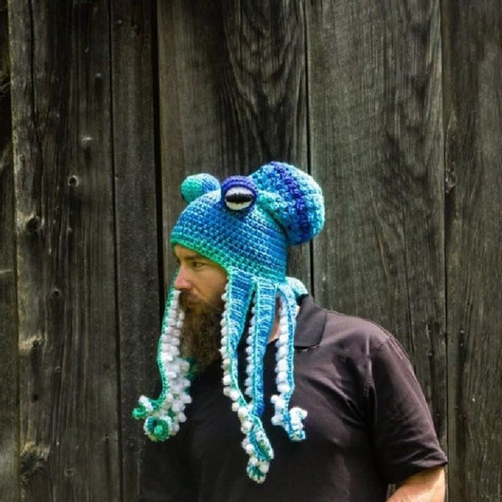 Colorful crochet octopus hat with curly tentacles