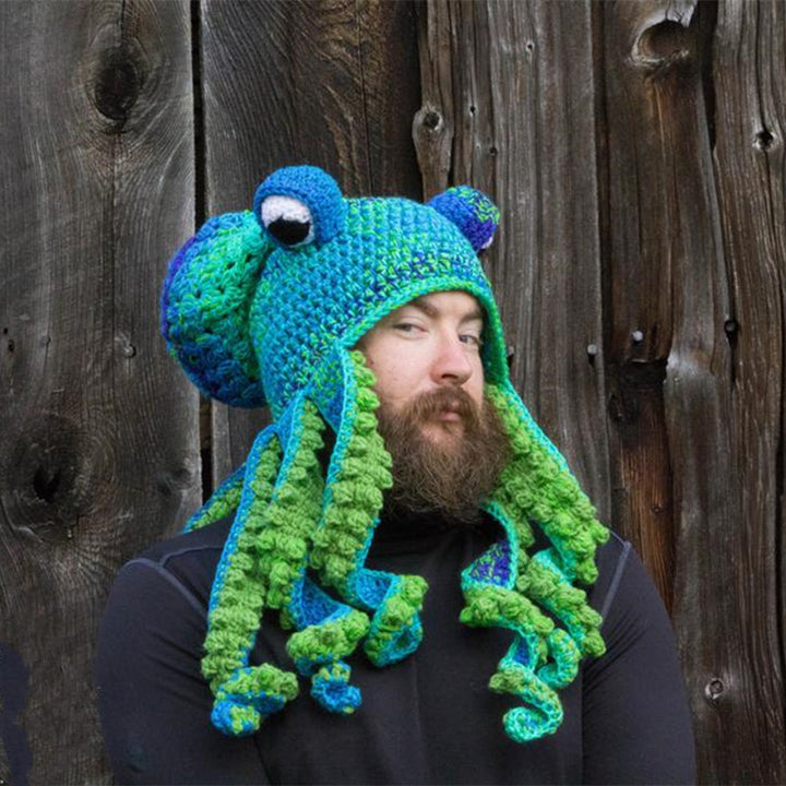 Colorful crochet octopus hat with curly tentacles