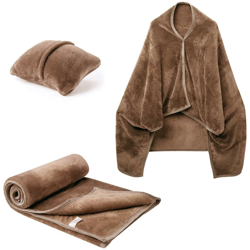 Fleece blanket worn as shawl with buttons