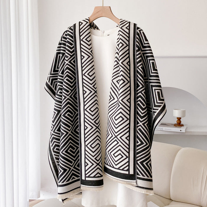 Plushridge Wearable Fringe Shawl Cape with Geometric Pattern