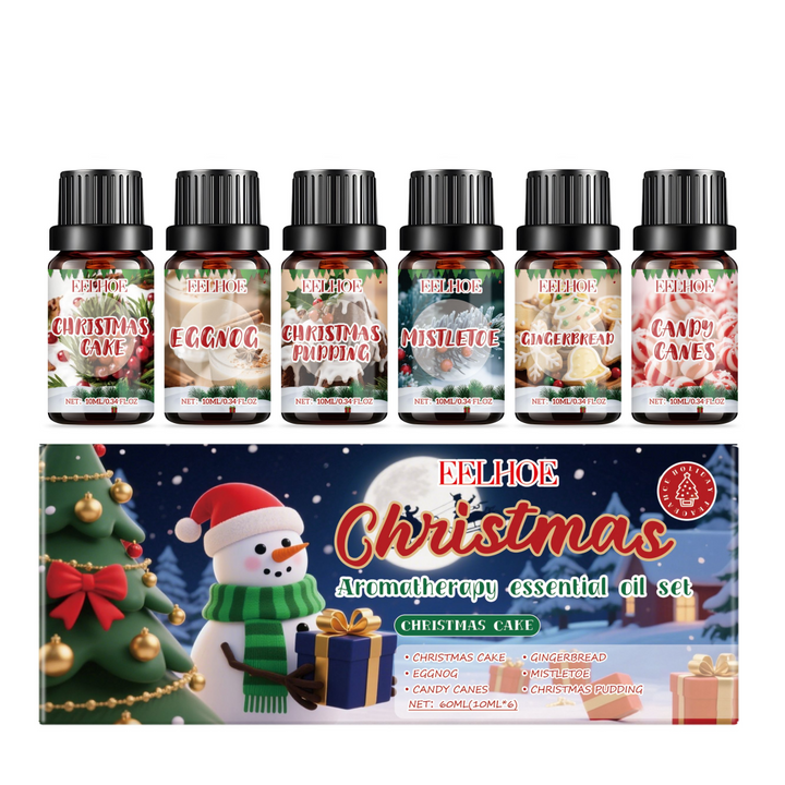 Six Christmas fragrance oil bottles in gift box