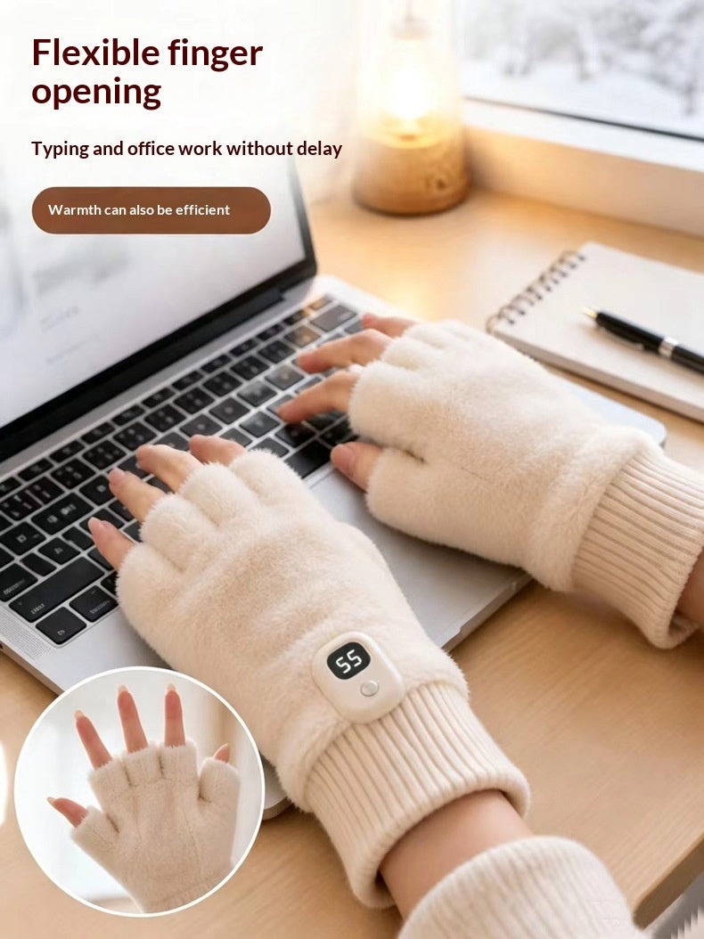 White plush heated cat paw fingerless gloves