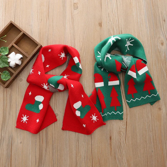 Plushridge™ Kids' Christmas Knit Scarf with Reindeer and Tree Pattern