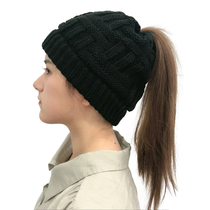 Plushridge™ Women's Cable Knit Ponytail Beanie with Hair Opening