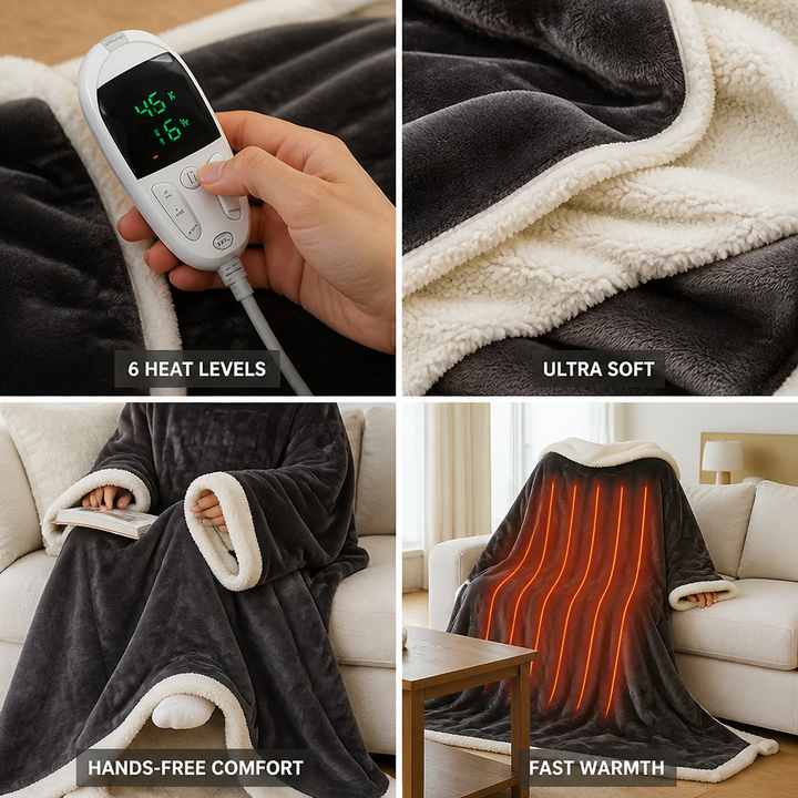 Wearable Heated Sherpa Blanket with Sleeves and Foot Pocket – Plushridge™