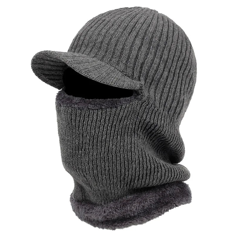 Knit Balaclava Beanie with Visor and Plush Fleece Lining