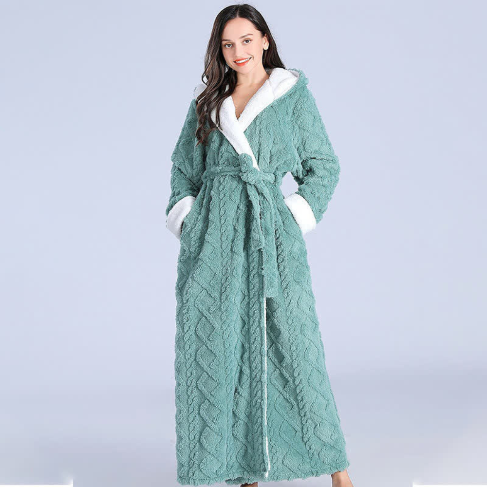 Long Plush Knit Hooded Robe with Two Patch Pockets