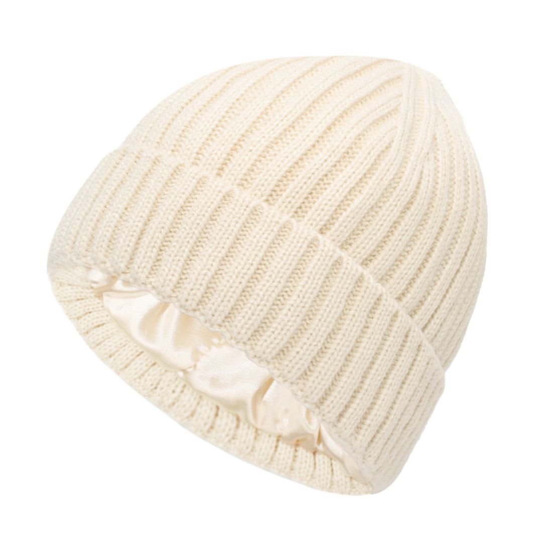 Satin-lined ribbed knit beanie in cream