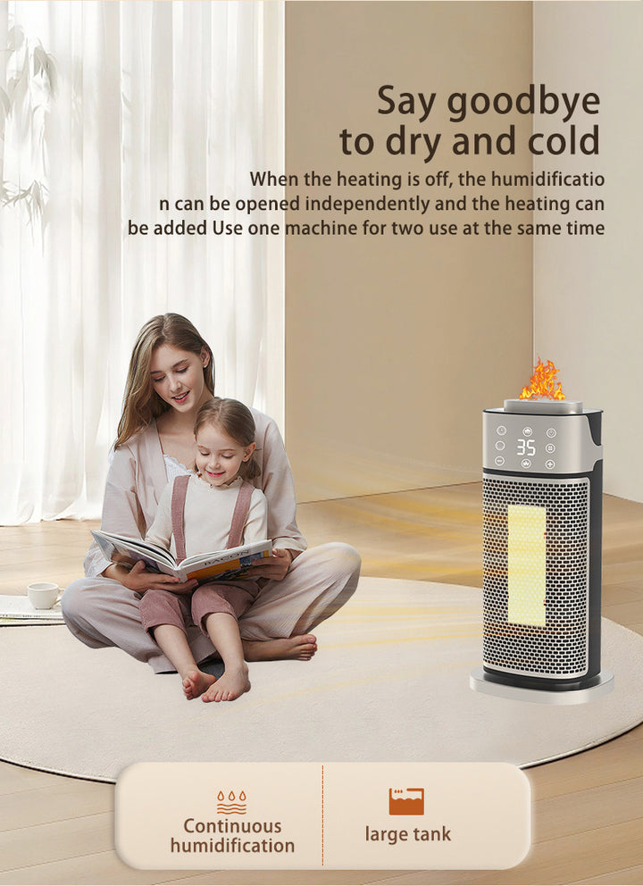 Silver tower fan heater with glowing flame-effect humidifier