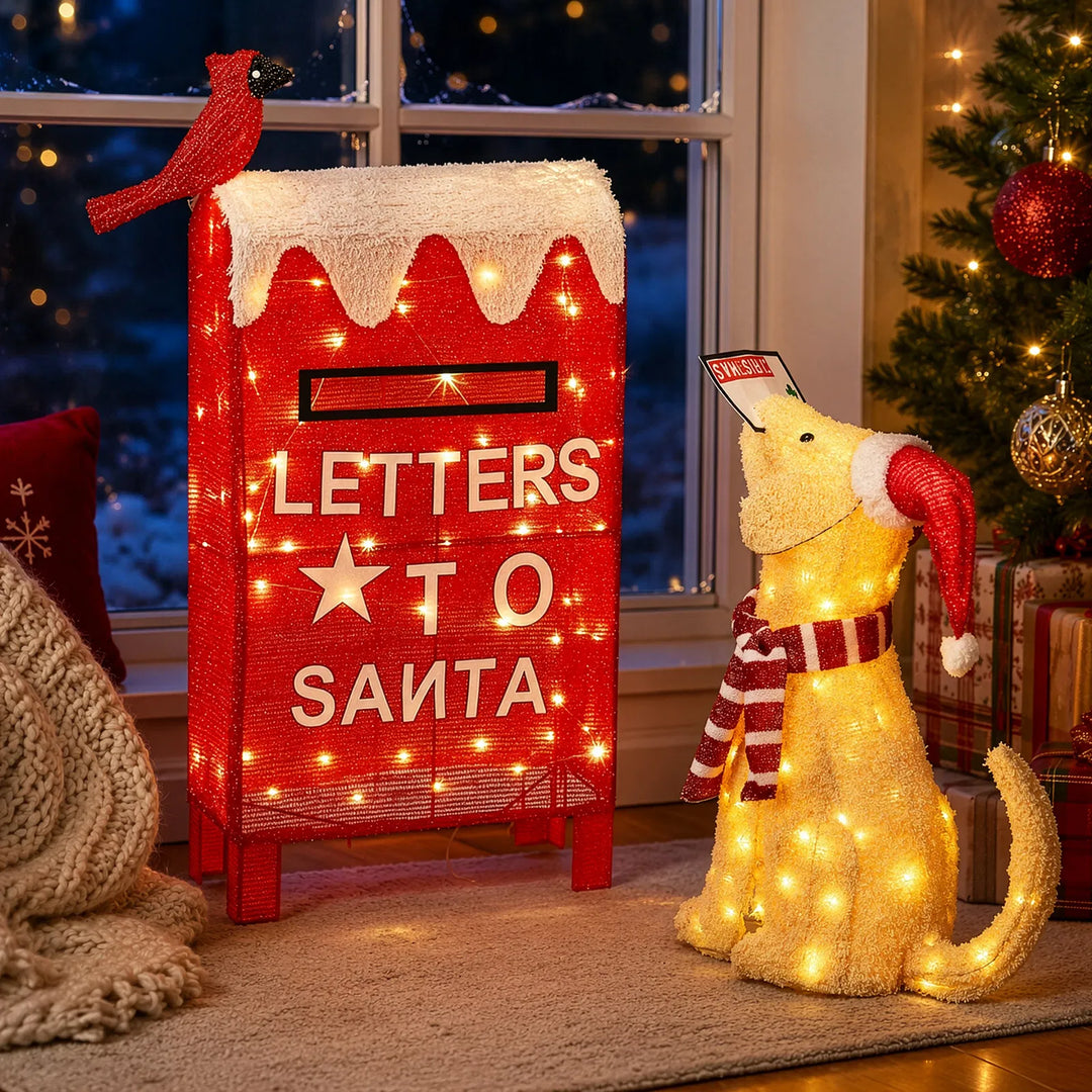 Lighted red mailbox and dog Christmas figures