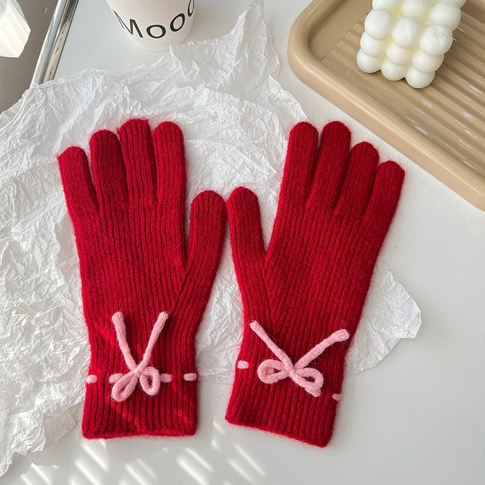 Plushridge Ribbed Knit Touchscreen Gloves with Bow Detail