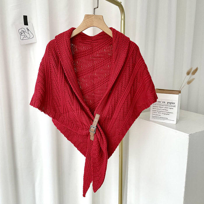 Plushridge Chunky Knit Triangle Scarf with Buckle Closure