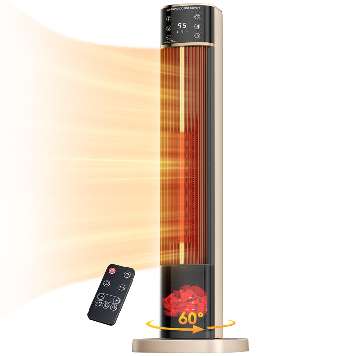 Tall black ceramic tower heater with flame effect panel