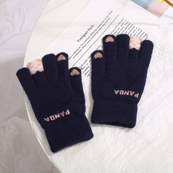 Pink knit gloves with small 3D panda