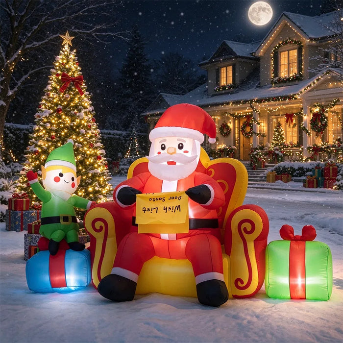 Plushridge 7.2 ft Inflatable Santa on a Sofa with Elf and Gifts