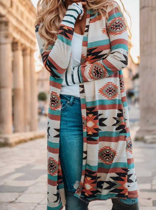 Plushridge Long Open-Front Cardigan with Color-Block Pattern