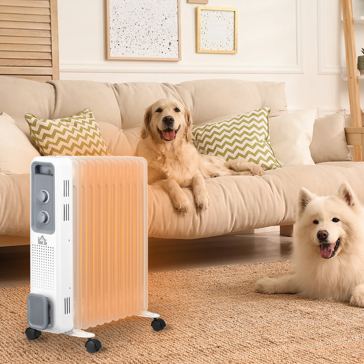 White eleven-fin oil-filled radiator with wheels