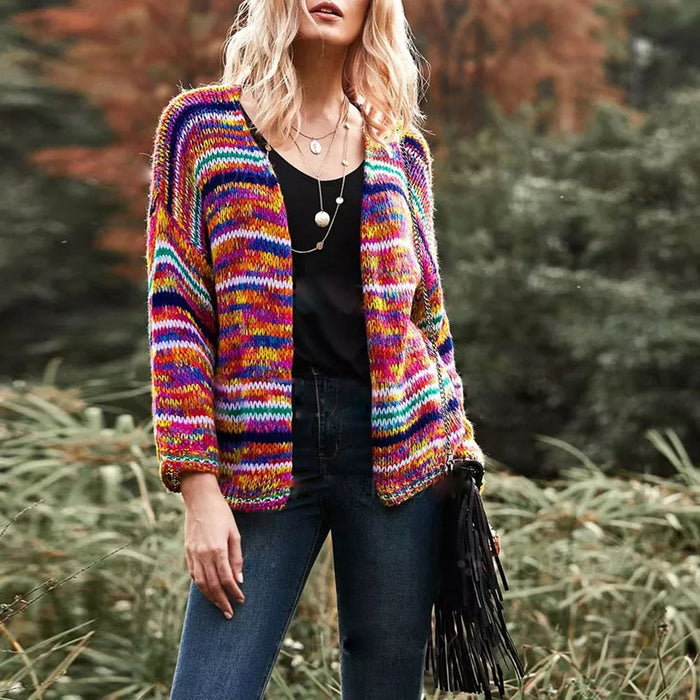 Plushridge Chunky Rainbow Stripe Knit Cardigan for Women