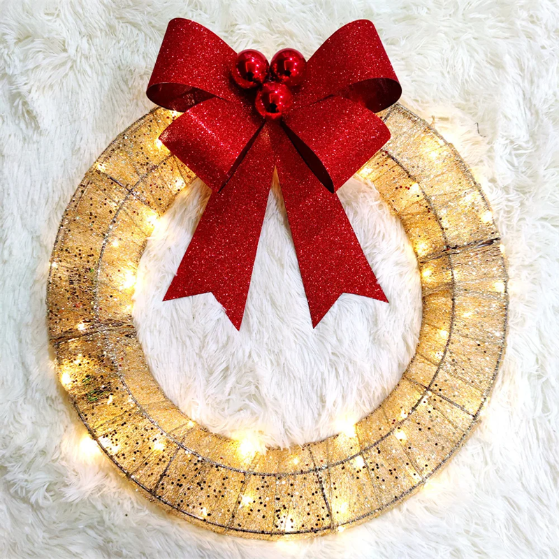 Lighted Christmas Wreath with Big Bow and Warm LED Lights, 20 in