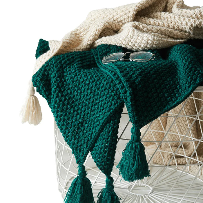 Plushridge™ Handwoven Wool Blanket with Fringe and Pom-Poms