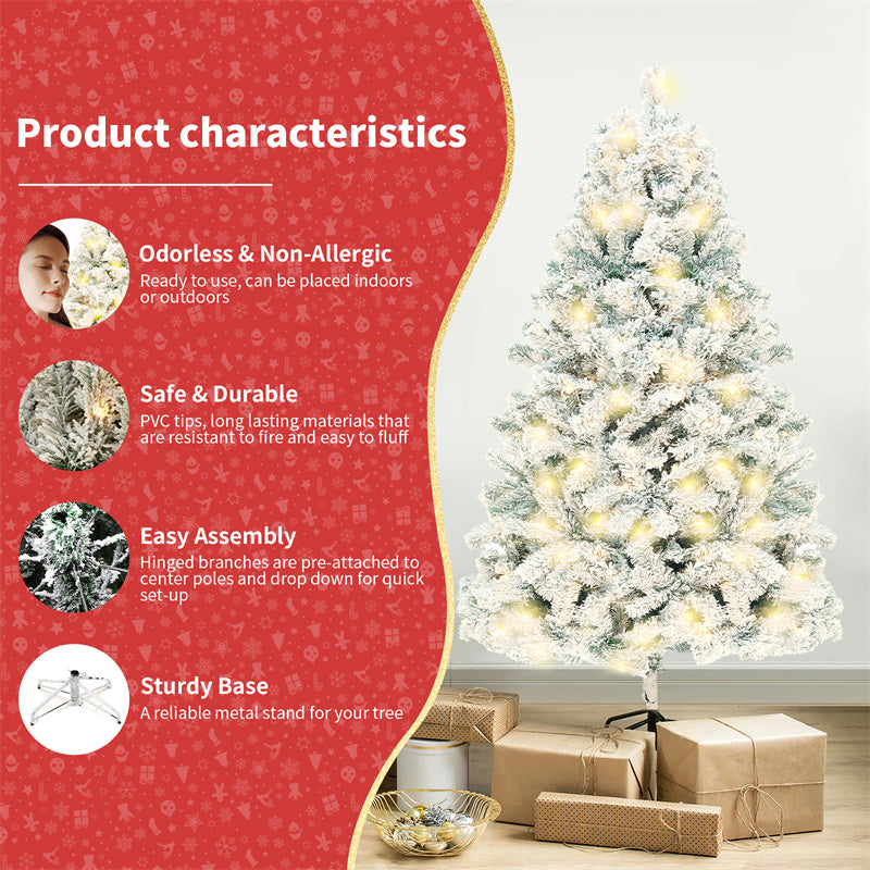 Snow-flocked white Christmas tree with warm-white lights