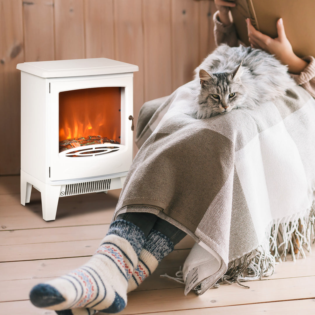 White electric fireplace stove with glowing LED flames