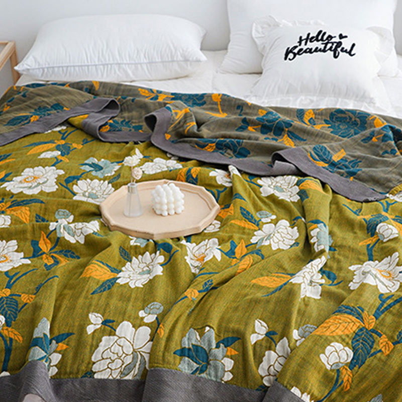 Reversible Boho Cotton Quilt with Olive Floral Print